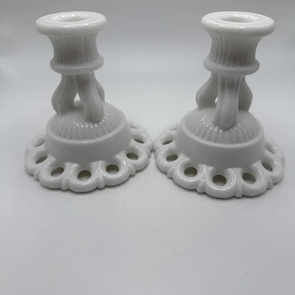 Vtg 50s Westmoreland Milk Glass Open Candlesticks Lace Doric Coquette Pair MCM